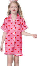 Umeyda Women & Girls Pajamas Set, Soft Satin Lightweight Silk Button-Down Top with Shorts 2 Piece PJS for Mom Boys Kids Gifts