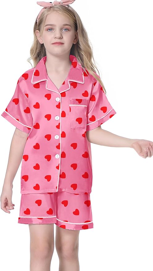 Umeyda Women & Girls Pajamas Set, Soft Satin Lightweight Silk Button-Down Top with Shorts 2 Piece PJS for Mom Boys Kids Gifts
