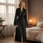 Women Sexy Satin Lace Robe,Long Sleeve Silk Bathrobe with Belt Soft Lightweight Full Length Sleepwear