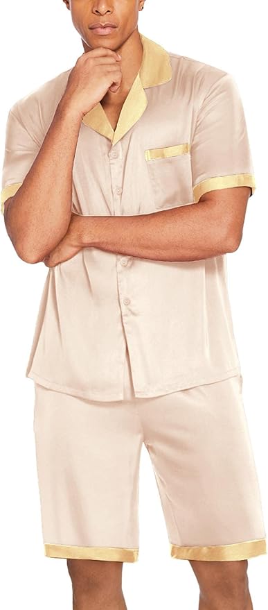 Ekouaer Men Satin Silk Pajamas Set with Pockets Sleepwear Shorts Satin Summer Loungewear 2 Piece Button Down Set S-3XL