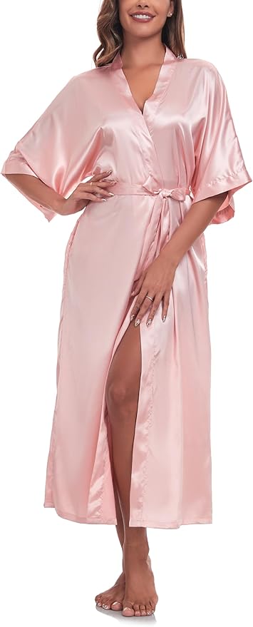 Womens Long Silky Robe Satin Kimono Robes Silk Bathrobe for Wedding Party Full Length Dressing Gown