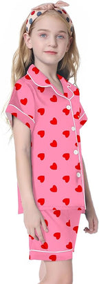 Umeyda Women & Girls Pajamas Set, Soft Satin Lightweight Silk Button-Down Top with Shorts 2 Piece PJS for Mom Boys Kids Gifts