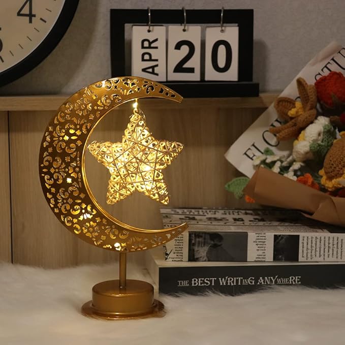 GUOCHENG Enchanted Lunar Lamp Moon Shaped Table Lamps, LED Crescent Night Light Magic Hanging Moon Lamp Decor, Home Bedroom Bedside Desktop Nightstand Decorative Gift(Rattan Star)