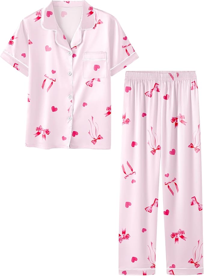 Umeyda Girls Womens Pajamas Set, Satin Silky Button Down Loungewear 2 Piece Short Sleeve Pants PJS Sets for Mommy Kids