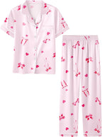 Umeyda Girls Womens Pajamas Set, Satin Silky Button Down Loungewear 2 Piece Short Sleeve Pants PJS Sets for Mommy Kids