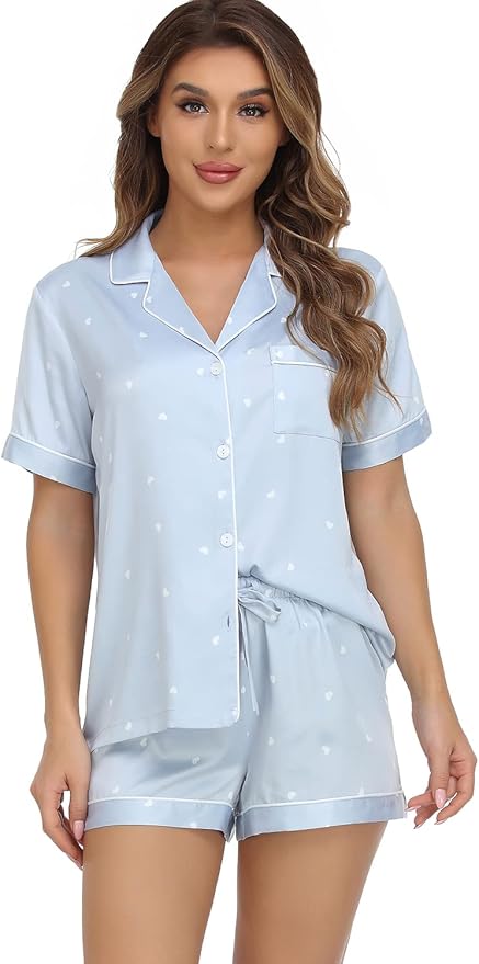 Serenedelicacy Women's Satin Pajama Set 2-Piece Sleepwear Loungewear Button Down Short Sleeve Silky PJ Set