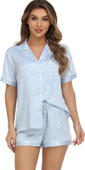 Serenedelicacy Women's Satin Pajama Set 2-Piece Sleepwear Loungewear Button Down Short Sleeve Silky PJ Set