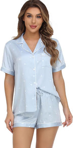 Serenedelicacy Women's Satin Pajama Set 2-Piece Sleepwear Loungewear Button Down Short Sleeve Silky PJ Set