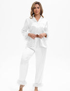 MORFORU Satin Pajama Set for Women Feather Trim Long Sleeve Pjs with Sleep Mask Headband Scrunchie Sleepwear Lounge Set