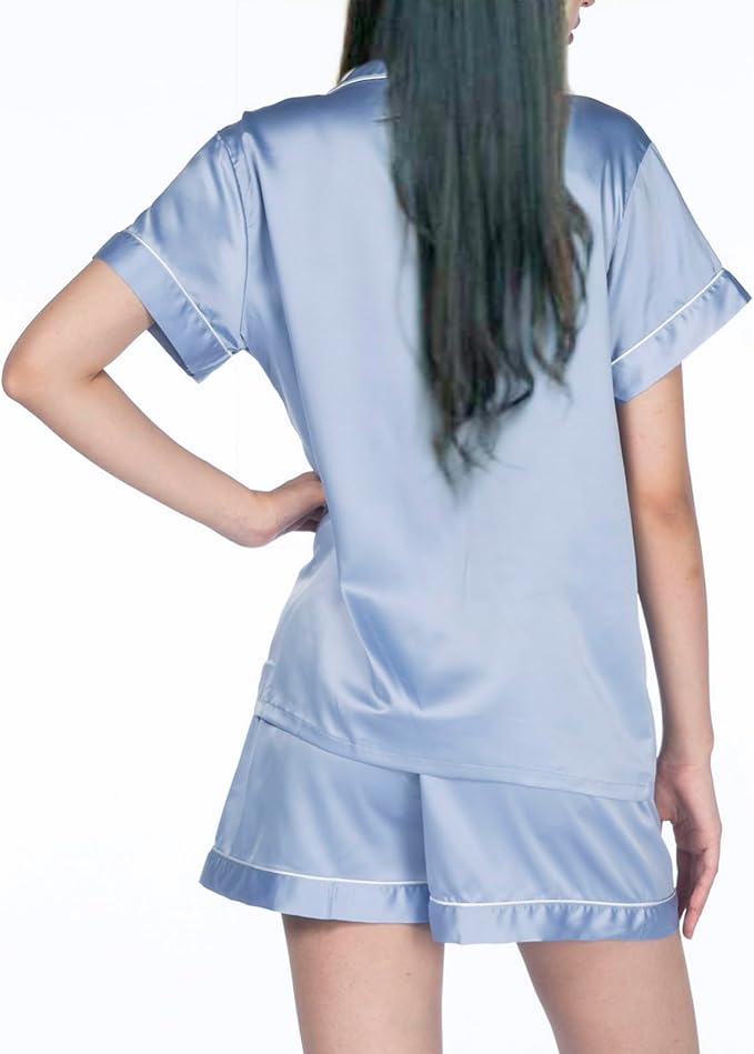 WJing Yi Jia Womens 3Pcs Floral Pajamas Sets Silk Satin Sleepwear XS~4XL Button Down Short Sleeve Shirt Pjs Loungewear