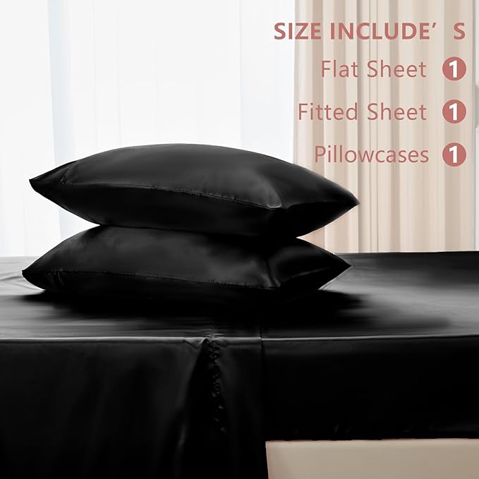 CozyLux Satin Sheets Twin Sheet Set - 3 Piece Silky Twin Bed Sheets, Luxury Black Sheet Twin Size Bed Set with Smooth and Soft Microfiber, Includes 1 Fitted Sheet, 1 Flat Sheet and 1 Pillowcase