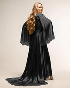 BATHGOWN Women's Satin Robe Black Silk Kimono Bride Robe for Wedding Day Lightweight Long Lace Loungewear Sleepwear