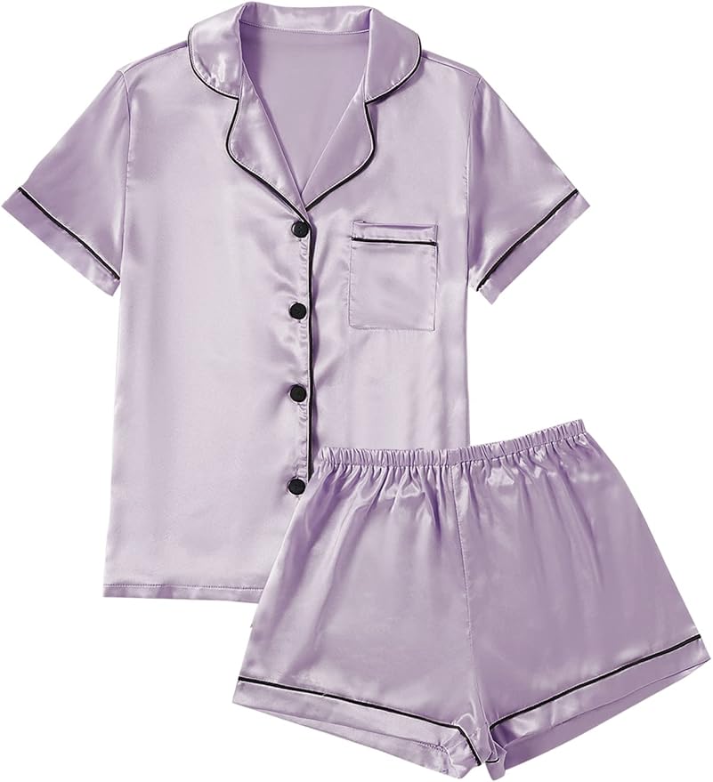 LYANER Women's Silky Satin Pajamas Set Short Sleeve Button Down Shirt With Shorts Pjs Set Sleepwear