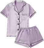 LYANER Women's Silky Satin Pajamas Set Short Sleeve Button Down Shirt With Shorts Pjs Set Sleepwear