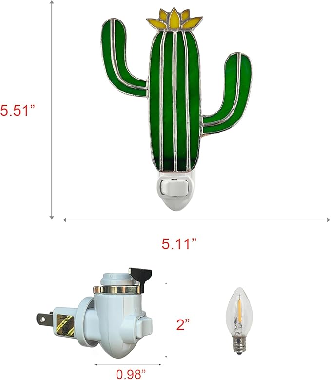 Stained Glass Night Light Plug into Wall Lamp Decorative Accent Nightlight for Hallway Bedroom Bathroom Kitchen Nature Themed Home Décor (Cactus)