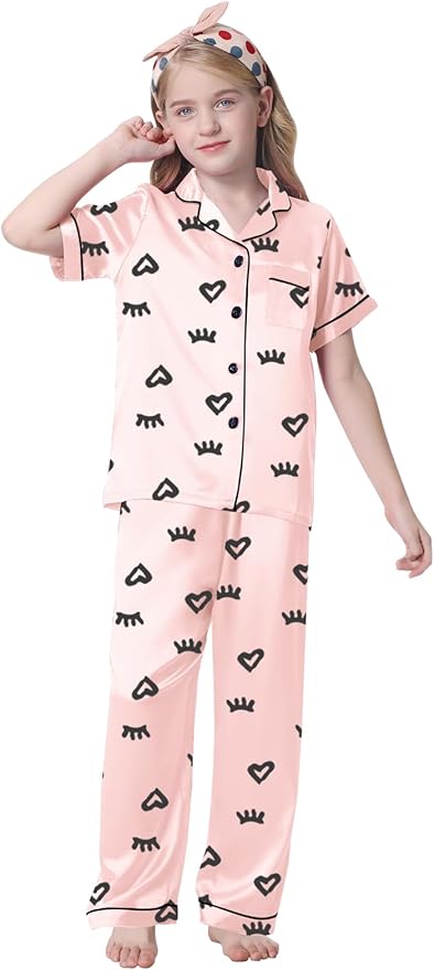 Umeyda Girls Womens Pajamas Set, Satin Silky Button Down Loungewear 2 Piece Short Sleeve Pants PJS Sets for Mommy Kids