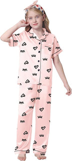Umeyda Girls Womens Pajamas Set, Satin Silky Button Down Loungewear 2 Piece Short Sleeve Pants PJS Sets for Mommy Kids