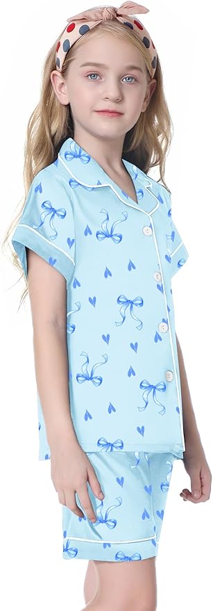Umeyda Women & Girls Pajamas Set, Soft Satin Lightweight Silk Button-Down Top with Shorts 2 Piece PJS for Mom Boys Kids Gifts