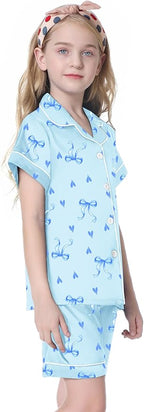 Umeyda Women & Girls Pajamas Set, Soft Satin Lightweight Silk Button-Down Top with Shorts 2 Piece PJS for Mom Boys Kids Gifts