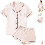WJing Yi Jia 4Pcs Womens Satin Silky Pajama Sets Short Sleeve Shirt XS-4XL Floral Pajamas Set Soft PJ Loungewear Sleepwear