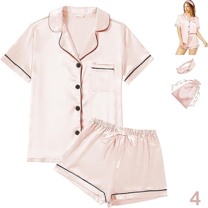 WJing Yi Jia 4Pcs Womens Satin Silky Pajama Sets Short Sleeve Shirt XS-4XL Floral Pajamas Set Soft PJ Loungewear Sleepwear