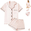 WJing Yi Jia 4Pcs Womens Satin Silky Pajama Sets Short Sleeve Shirt XS-4XL Floral Pajamas Set Soft PJ Loungewear Sleepwear