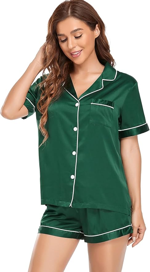 Serenedelicacy Women's Satin Pajama Set 2-Piece Sleepwear Loungewear Button Down Short Sleeve Silky PJ Set