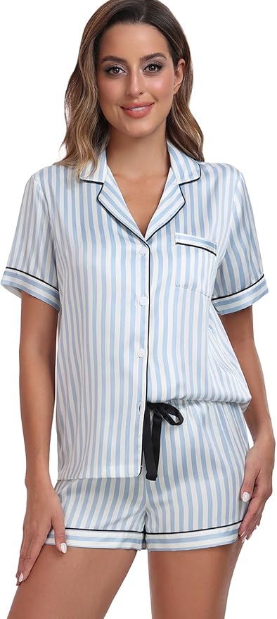 Serenedelicacy Women's Satin Pajama Set 2-Piece Sleepwear Loungewear Button Down Short Sleeve Silky PJ Set