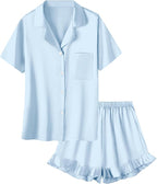 Umeyda Girls & Women Satin Pajamas Set Button Down 2 Piece Silk Pjs Shorts Set Ruffle Sleepwear, 5 Years-Women L