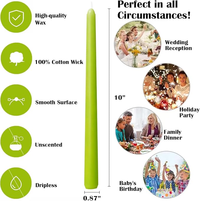12-Pack Apple Green Taper Candles, 10 Inch Unscented Dripless Candlesticks, Long-Lasting Burn Time of 7-8 Hours, Perfect for Home Décor, Spring and St. Patrick's Day
