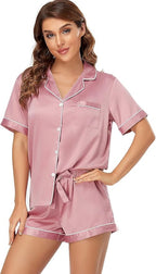 Serenedelicacy Women's Satin Pajama Set 2-Piece Sleepwear Loungewear Button Down Short Sleeve Silky PJ Set