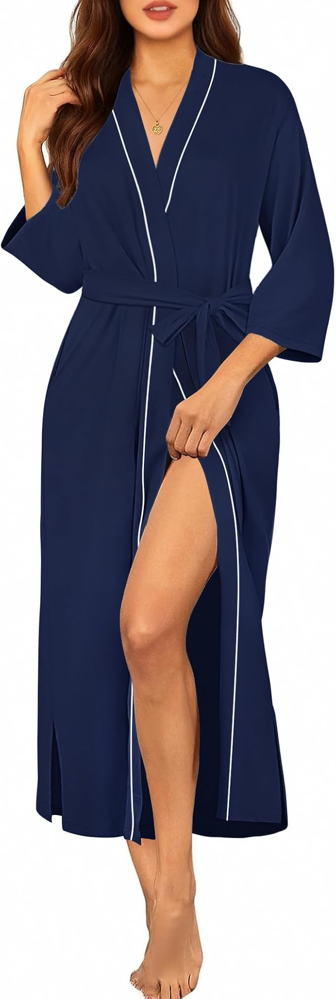 Ekouaer Robes for Women Long Knit Bathrobe Lightweight 3/4 Sleeves Kimono Robe Soft Sleepwear with Pockets S-XXL