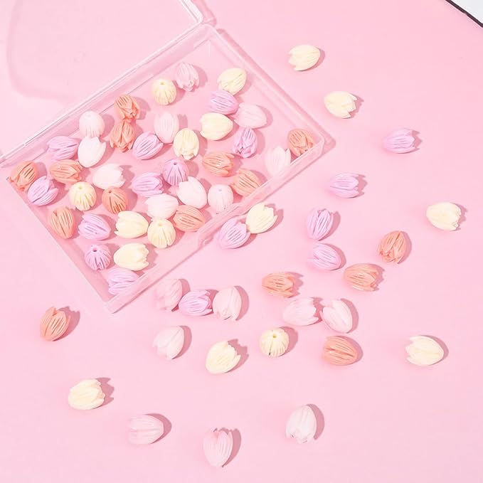 1 Box 4 Colors 80Pcs 13mm Large Acrylic Flower Beads Jasmine Flower Beads Pink Dyed Synthetic 3D Carved Coral Shell Loose Spacers for Jewelry Making Bracelet Necklace Earring Charms Decor
