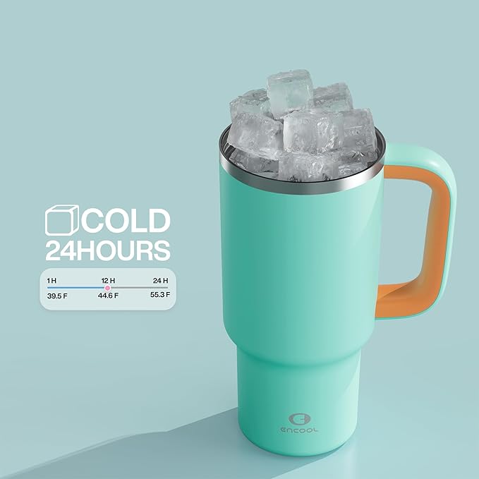 ENCOOL 32 oz Tumbler with Handle and Straw: Stainless Steel Insulated Tumbler Keeps Cold for 24 Hours, Leakproof Travel Cup Fits in Cup Holder and BPA-Free,Soft Cyan