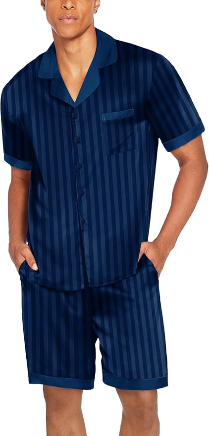 Ekouaer Men Satin Silk Pajamas Set with Pockets Sleepwear Shorts Satin Summer Loungewear 2 Piece Button Down Set S-3XL