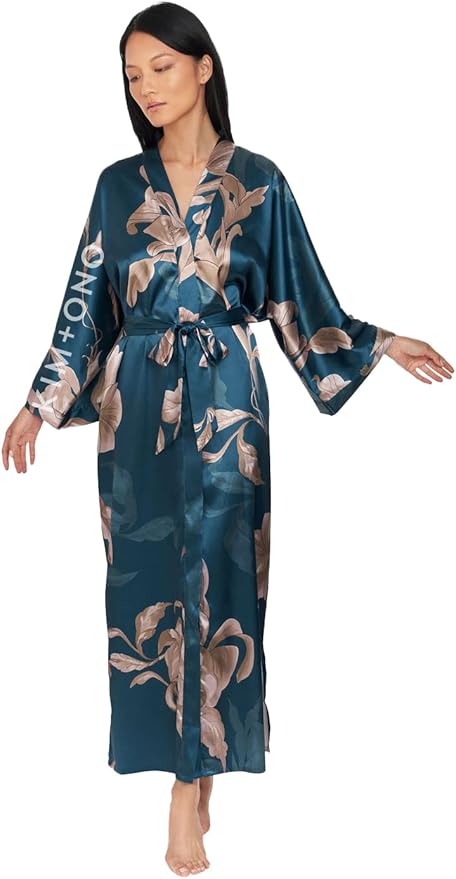 KIM+ONO Plus Size Luxury Kimono Robe for Women | Long Satin Floral Robe | Original Design | Removable Waist Tie Closure
