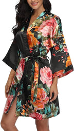 Floral Silk Robes for Women Kimono Satin Short Bath Robe Bridal Dressing Gown Bride Bridesmaids Lightweight Bathrobes