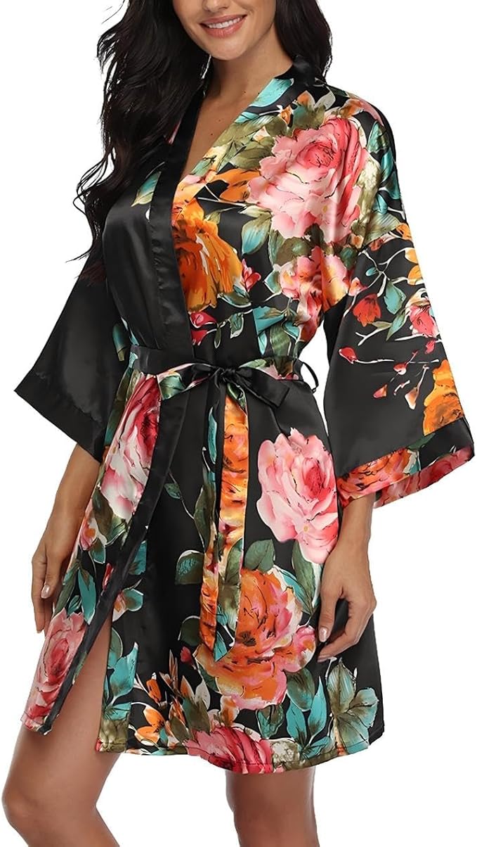 Floral Silk Robes for Women Kimono Satin Short Bath Robe Bridal Dressing Gown Bride Bridesmaids Lightweight Bathrobes