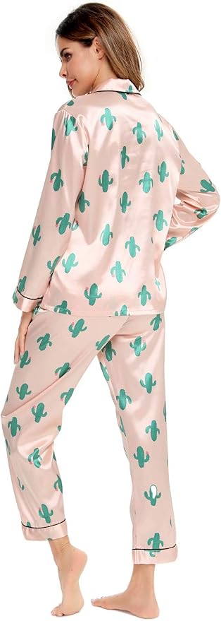 SWOMOG Womens Silk Satin Pajamas Set Long Sleeve Button Down Sleepwear 2 Piece Lounge Set Pj Set XS-3XL