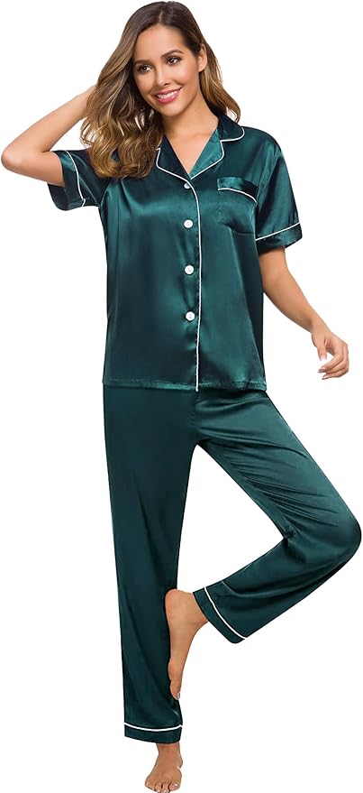 SWOMOG Women Satin Pajamas Set Short Sleeve Top & Pants Sleepwear Silky Button Down Nightwear 2pcs Loungewear Pjs Set