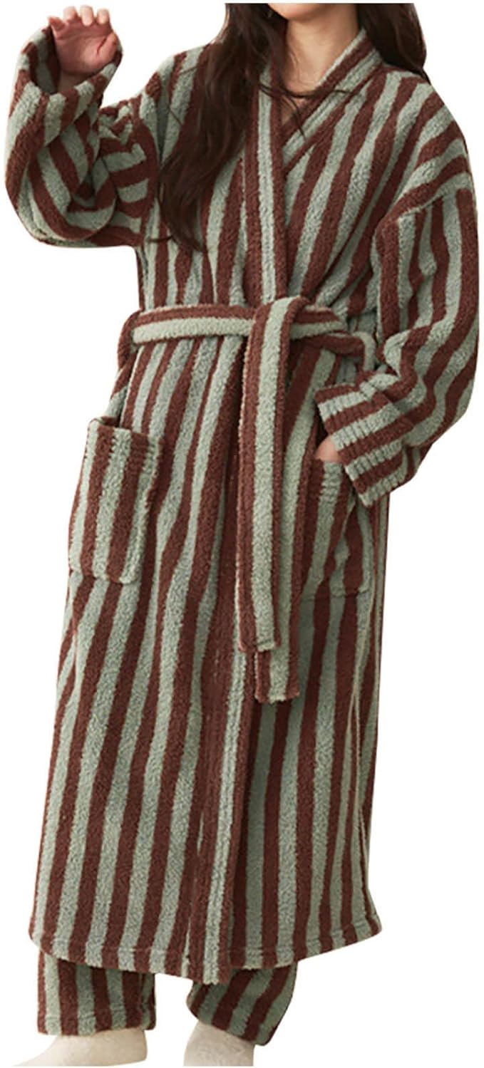 Oplxuo Women's Fuzzy Fleece Robe Long Striped Plush Bathrobe Warm Thick Fluffy Oversized Loungewear Maxi Robes with Pockets