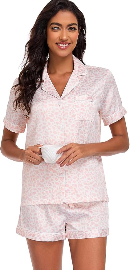 Serenedelicacy Women's Satin Pajama Set 2-Piece Sleepwear Loungewear Button Down Short Sleeve Silky PJ Set