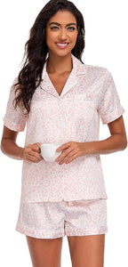 Serenedelicacy Women's Satin Pajama Set 2-Piece Sleepwear Loungewear Button Down Short Sleeve Silky PJ Set