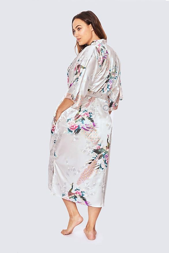 KIM+ONO Plus Size Luxury Kimono Robe for Women | Long Satin Floral Robe | Original Design | Removable Waist Tie Closure