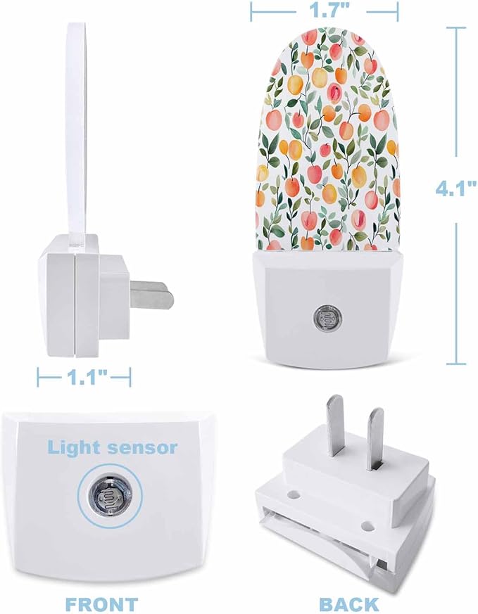 Summer Watercolor Peach Orange Leaf Night Light Plug into Wall, Farmhouse Fruit Plant Popsicle Shape Night Light Nightlight with Light Sensors for Kids Bedroom Hallway