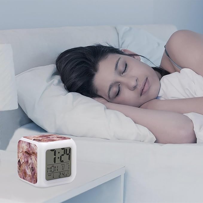 Pretty Peach Pattern Alarm Clock with 7 Color Changing Night Light Loud Digital Alarm Clock for Heavy Sleeper Electric Desk Clocks with Temperature Display Wake Up Digital Clocks