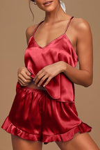 CHYRII Women's Sexy Silk Satin Ruffled Pajamas Sets Cami Shorts Sets Sleepwear