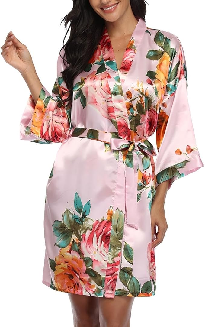 Floral Silk Robes for Women Kimono Satin Short Bath Robe Bridal Dressing Gown Bride Bridesmaids Lightweight Bathrobes