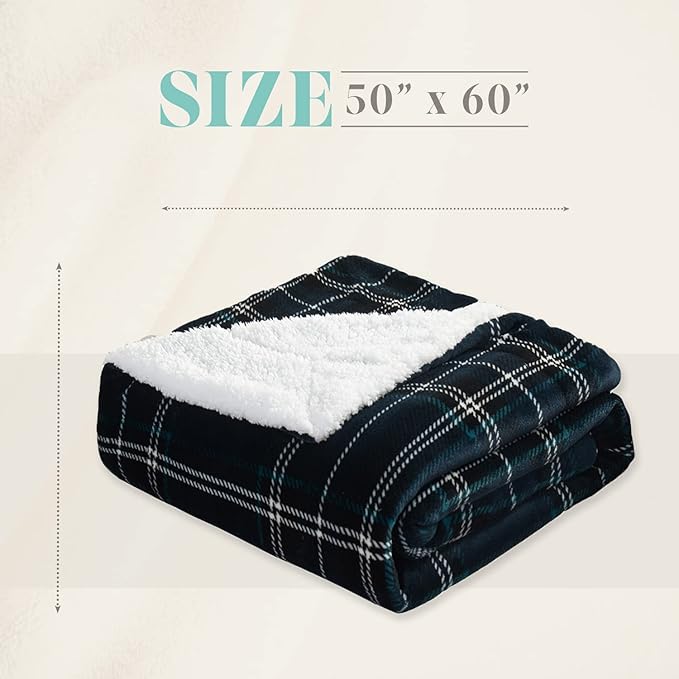 Elegant Comfort Throw Blanket, Reversible Sherpa Flannel, Ultra-Soft, Fuzzy, Cozy and Plush- All Season Lightweight Decorative Throw, 50 x 60 inches, Plaid Design Sherpa Throw, Navy