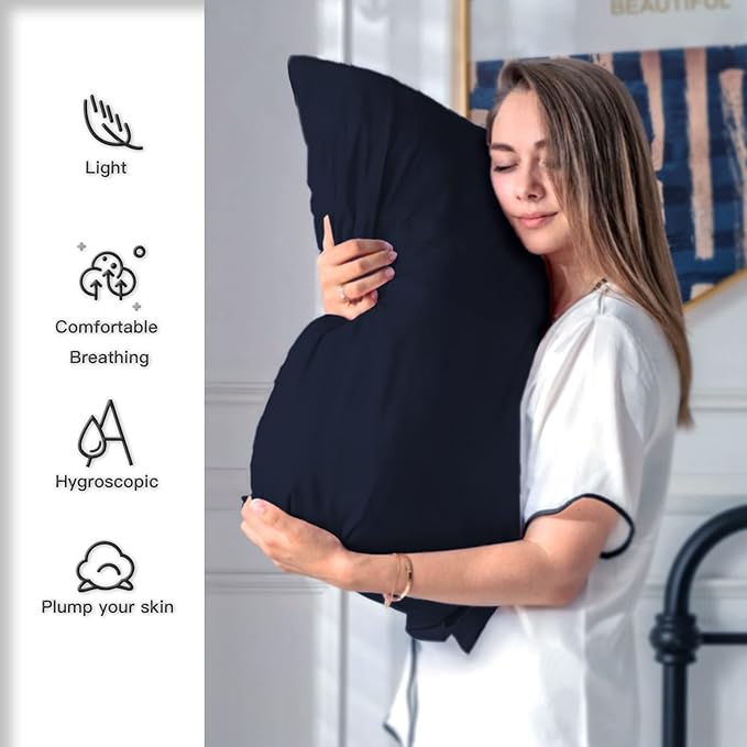 Silk Pillow Cases 2 Pack,Soft Breathable and Sliky Queen Size Pillow Cases Set of 2,Natural Mulberry Silk Pillowcase Set of 2 for Hair and Skin with Hidden Zipper (Navy Blue,20"X 30",2pcs)